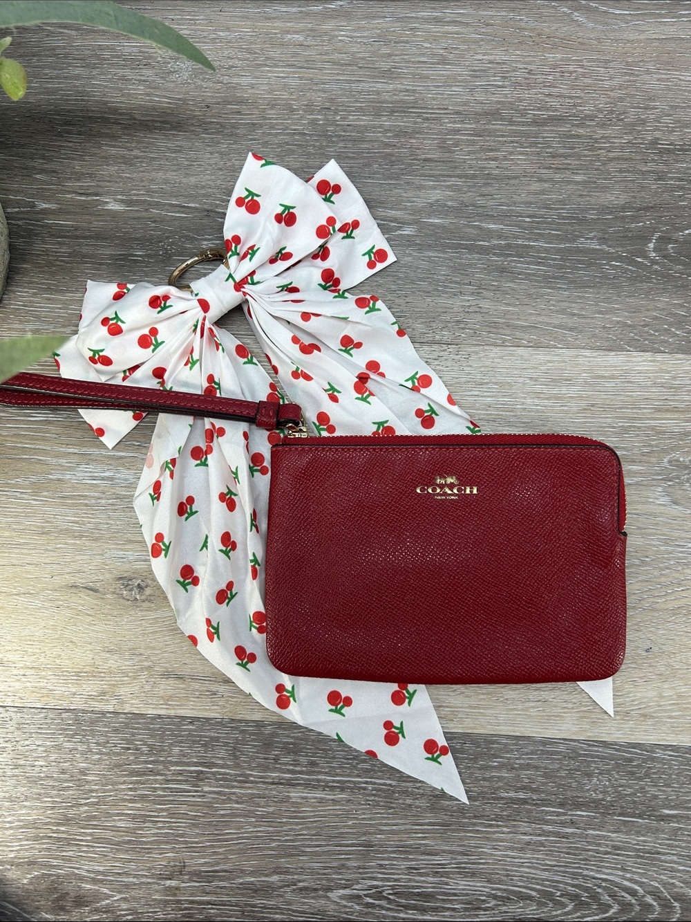 2417 Coach Red Leather Wristlet with Gold Logo and Removable Strap 252417
